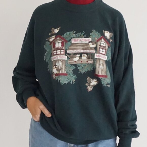 Sweaters - Vintage Morning Sun Forest Birdhouse Village Folk Scene Cottagecore Sweatshirt L